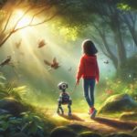 Child with robot in the forest