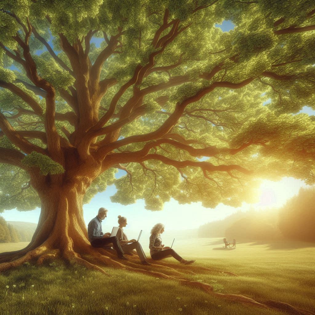"Laptops under the oak", Bing Image Creator, Burn-E. 
