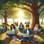 "Laptops under the oak", Bing Image Creator, Burn-E.