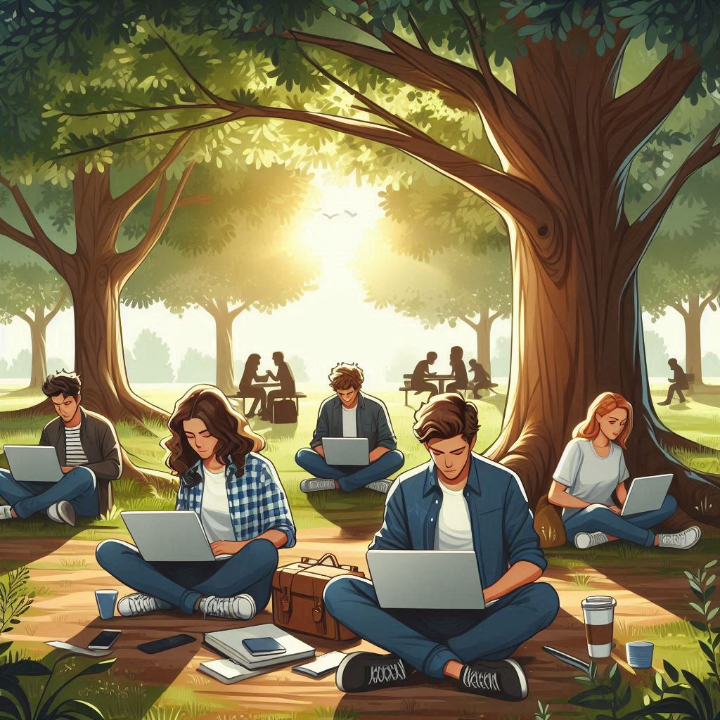 "Laptops under the oak", Bing Image Creator, Burn-E.